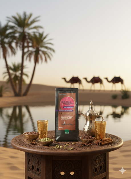 Eine schwarze Packung 'lumokka mokka aus Wertheimer Süßlupinen verfeinert mit Kardamom' steht mittig auf einem reich verzierten, runden Holztisch. Das rosafarbene Etikett hebt 'echt orientalisch' hervor und trägt das Bioland-Siegel. Um die Packung herum sind in kleinen goldenen Schalen grüne Kardamomkapseln und Kaffeebohnen arrangiert, daneben liegen Zimtstangen und Sternanis. Im Hintergrund befindet sich eine malerische Wüstenoase mit einem Teich, umgeben von Dattelpalmen. Am Horizont wandern im Abendlicht