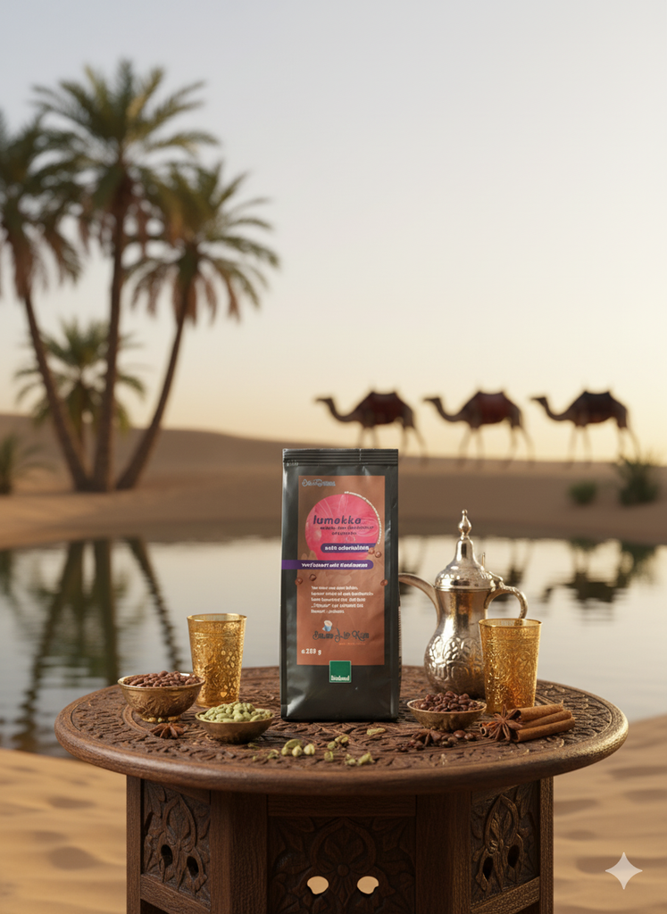 Eine schwarze Packung 'lumokka mokka aus Wertheimer Süßlupinen verfeinert mit Kardamom' steht mittig auf einem reich verzierten, runden Holztisch. Das rosafarbene Etikett hebt 'echt orientalisch' hervor und trägt das Bioland-Siegel. Um die Packung herum sind in kleinen goldenen Schalen grüne Kardamomkapseln und Kaffeebohnen arrangiert, daneben liegen Zimtstangen und Sternanis. Im Hintergrund befindet sich eine malerische Wüstenoase mit einem Teich, umgeben von Dattelpalmen. Am Horizont wandern im Abendlicht