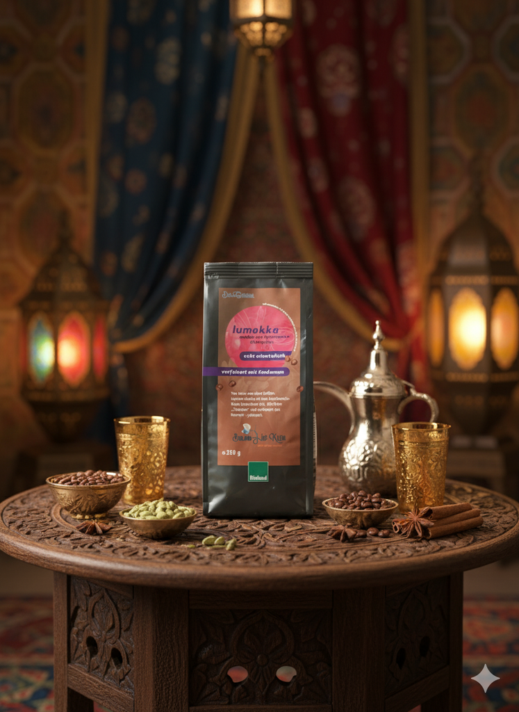 Eine schwarze Packung 'lumokka mokka aus Wertheimer Süßlupinen verfeinert mit Kardamom' steht mittig auf einem reich verzierten, runden Holztisch. Das rosafarbene Etikett hebt 'echt orientalisch' hervor und trägt das Bioland-Siegel. Um die Packung herum sind in kleinen goldenen Schalen grüne Kardamomkapseln und Kaffeebohnen arrangiert, daneben liegen Zimtstangen und Sternanis. Im Hintergrund sind eine silberne, orientalische Teekanne, zwei goldene Trinkgläser und beleuchtete Laternen zu sehen, während farbi