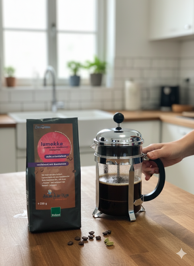Eine schwarze Packung 'lumokka mokka aus Wertheimer Süßlupinen verfeinert mit Kardamom' steht auf einer hellen Holzarbeitsplatte in einer modernen Küche. Das rosafarbene Etikett hebt 'echt orientalisch' hervor und trägt das Bioland-Siegel. Rechts davon ist eine glänzende French Press mit frisch zubereitetem Kaffee zu sehen, die von einer Hand am Griff gehalten wird. Auf der Arbeitsplatte sind einige lose Kaffeebohnen und grüne Kardamomkapseln verstreut. Im unscharfen Hintergrund ist ein Küchenfenster, eine 