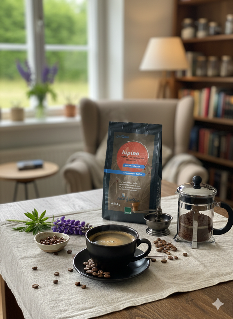 Eine Packung Lupino Kaffee steht auf einem hellen Tischtuch auf einem Holztisch. Davor befindet sich eine schwarze Tasse mit Kaffee und Kaffeebohnen auf der Untertasse und dem Tisch. Daneben ist eine kleine Schale mit weiteren Bohnen und einer lila Blume. Rechts daneben stehen eine kleine silberne Kaffeemühle und eine French Press mit gemahlenem Kaffee. Im unscharfen Hintergrund sind ein Fenster mit Blick ins Grüne, ein Sessel und ein Bücherregal zu sehen.
