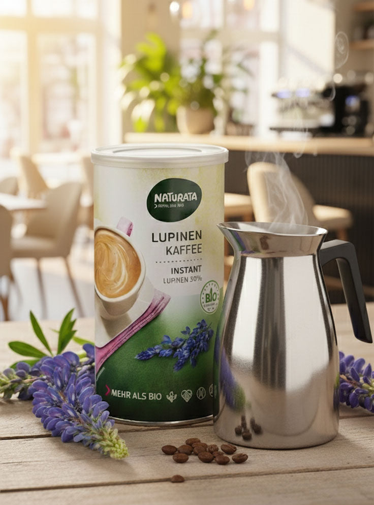 Eine Dose Naturata Lupinen Kaffee Instant steht auf einem rustikalen Holztisch. Links und rechts der Dose sind lilafarbene Lupinenblüten arrangiert, und einige Kaffeebohnen liegen verstreut. Rechts von der Dose steht eine dampfende, silberne Kaffeekanne mit schwarzem Griff. Im unscharfen Hintergrund ist ein helles Café oder eine moderne Küche mit Fenstern, Pflanzen und stilvollen Leuchten zu erkennen.