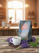 Eine dunkelgraue Packung 'lupino Kaffee' steht auf einem rustikalen Holztisch. Vor der Packung steht eine weiße Tasse mit dampfendem Kaffee, umgeben von Kaffeebohnen und violetten Lupinenblüten. Im unscharfen Hintergrund ist eine helle Küche mit einem Fenster, weißen Tassen auf Regalen und Holzschränken zu sehen, durch die goldenes Sonnenlicht scheint.