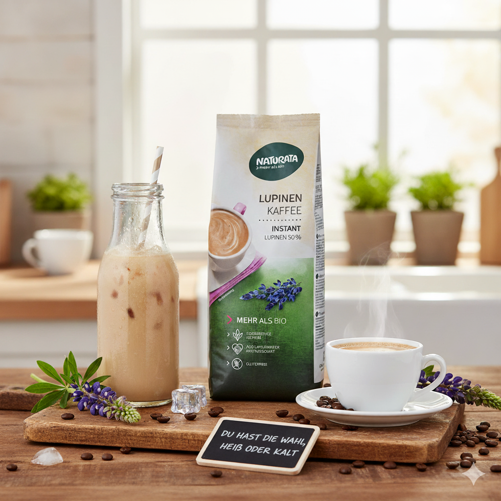 Eine Packung Naturata Lupinen Kaffee Instant steht auf einem rustikalen Holzbrett auf einer Küchenarbeitsplatte. Die Packung zeigt eine Tasse mit Kaffee und Lupinenblüten auf einem grünen Hintergrund. Links neben der Packung steht eine Glasflasche mit einem Strohhalm, gefüllt mit kaltem Eiskaffee und Eiswürfeln. Rechts von der Packung steht eine dampfende weiße Kaffeetasse mit Untertasse. Vor dem Brett liegt eine kleine schwarze Tafel mit weißer Schrift: 'DU HAST DIE WAHL HEISS ODER KALT'. Um die Produkte h