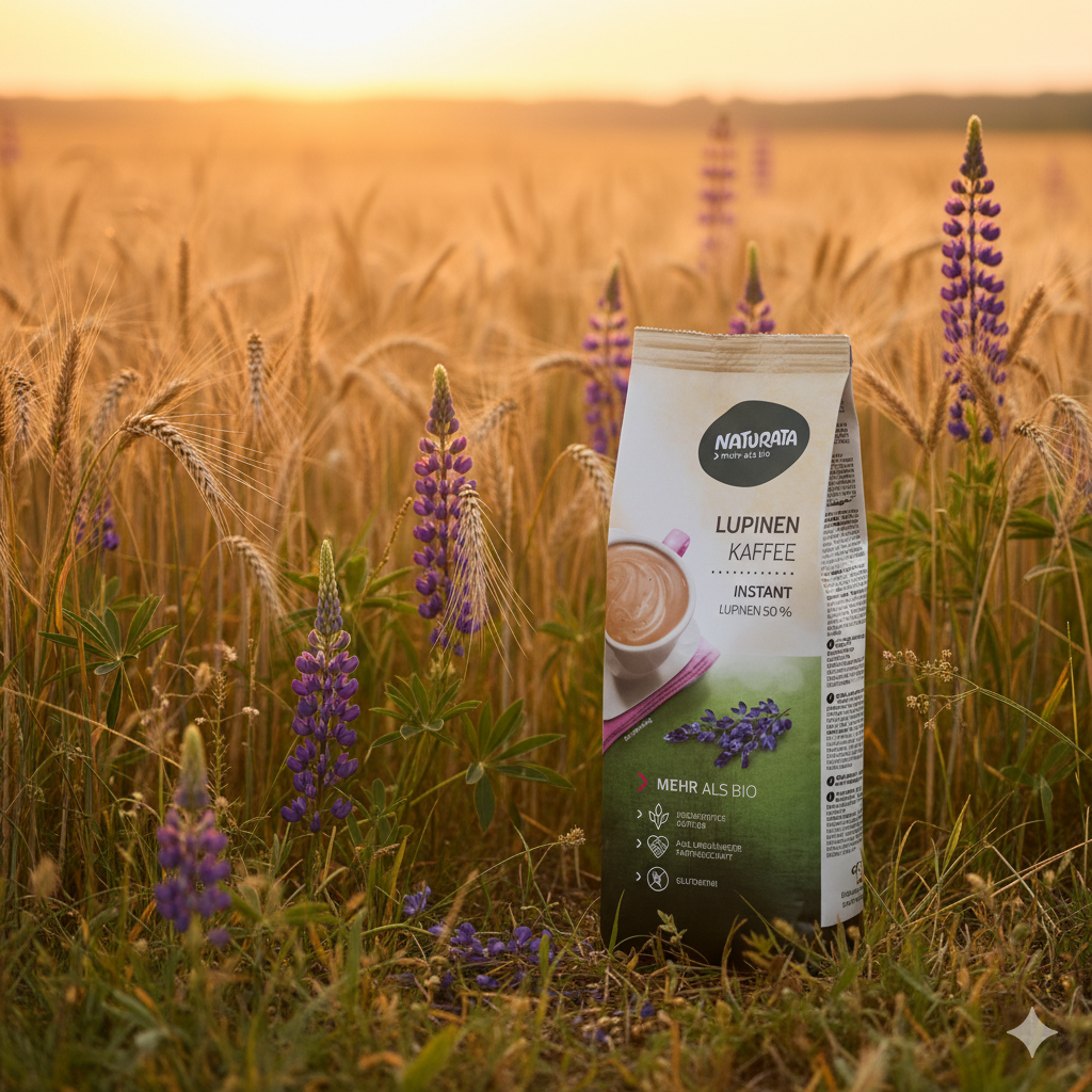 Ein weißer Beutel "Naturata Lupinen Kaffee Instant" steht auf dem Boden inmitten eines Feldes aus reifen goldenen Getreideähren und vereinzelten violetten Lupinenblüten. Das warme Licht der untergehenden Sonne taucht die Szene in ein sanftes Abendlicht, und der Horizont ist im Hintergrund sichtbar.