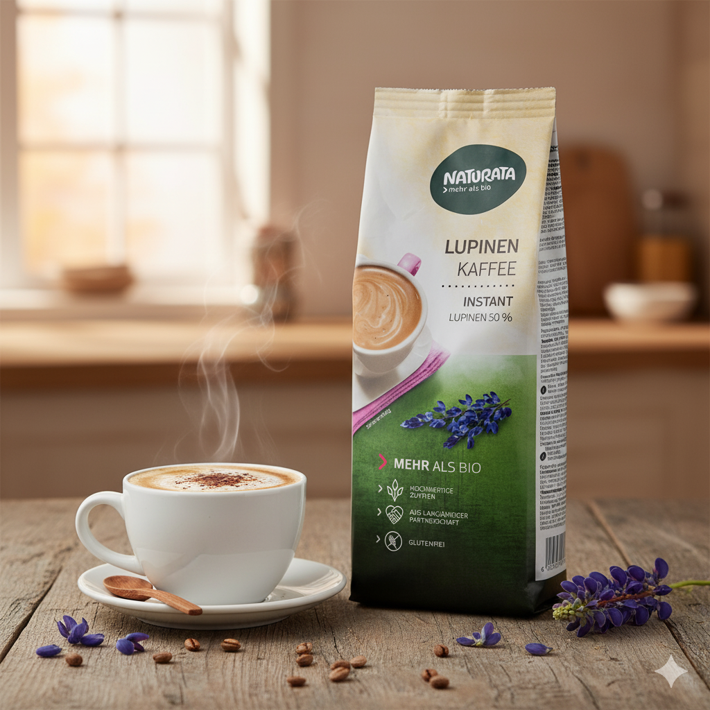 Ein Lupinenkaffee-Produktbeutel steht auf einem rustikalen Holztisch neben einer dampfenden Tasse Kaffee. Die Tasse ist mit Kaffeepulver bestreut und daneben liegen ein kleiner Holzlöffel, einige Kaffeebohnen und violette Lupinenblüten. Im Hintergrund ist eine helle Küche leicht unscharf zu sehen