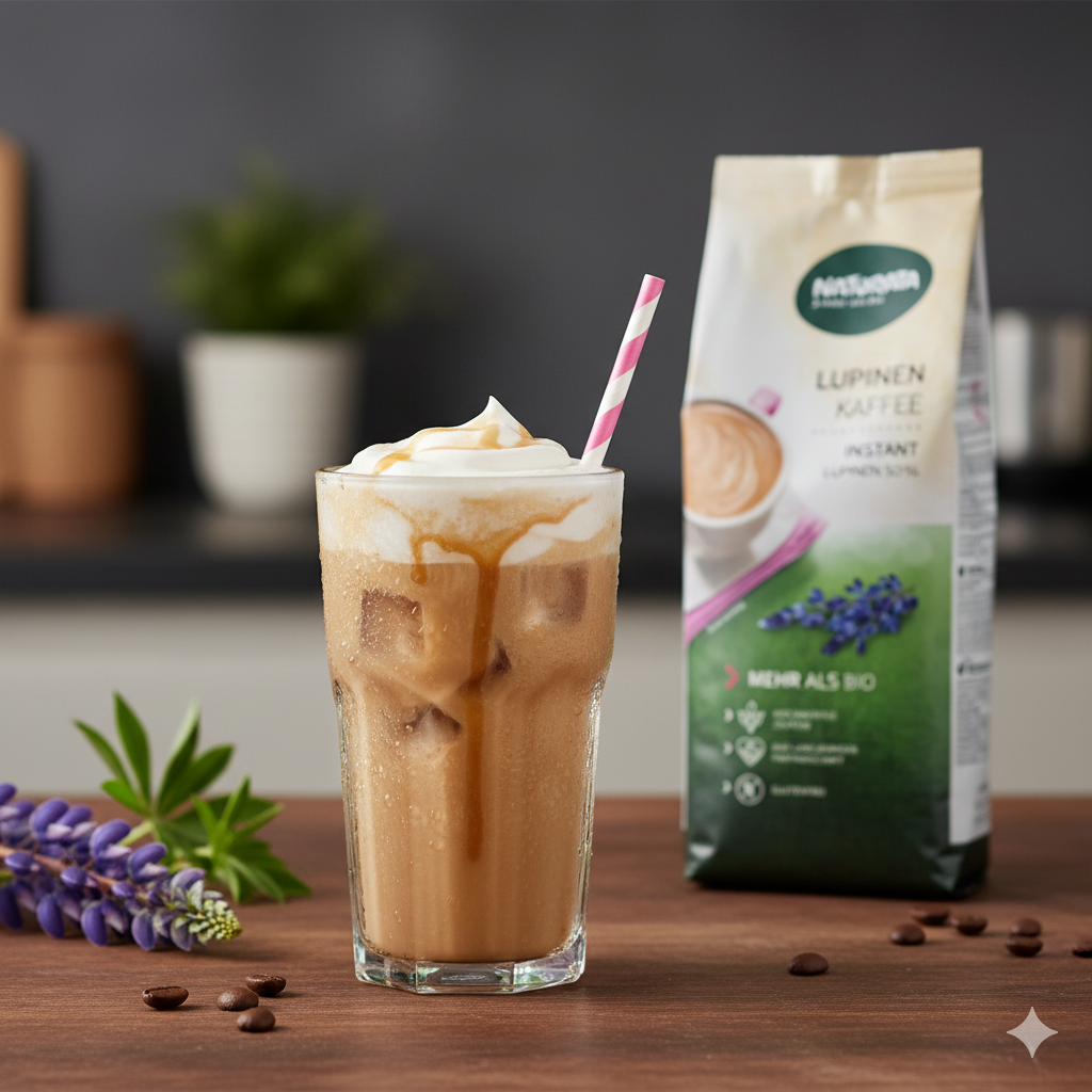 Ein hohes Glas mit einem verführerisch aussehenden Eiskaffee, der mit Sahne und Karamellsauce verziert ist, steht auf einem Holztisch. Ein gestreifter Strohhalm ragt aus dem Getränk. Im Hintergrund steht eine Packung Naturata Lupinen Kaffee Instant. Um das Glas und die Packung sind einige Kaffeebohnen und Lupinenblüten verstreut. Der Hintergrund ist unscharf und zeigt möglicherweise eine moderne Küchenumgebung.