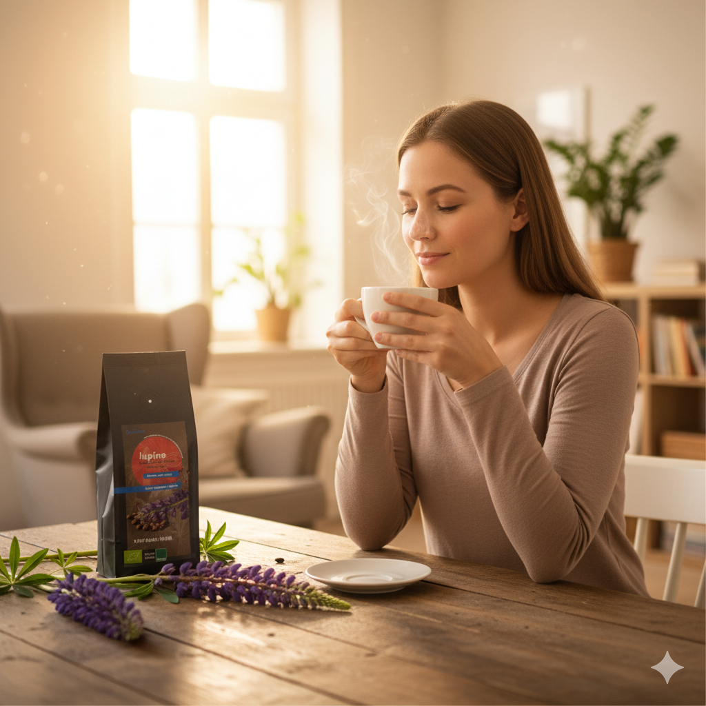Eine junge Frau mit langen braunen Haaren sitzt an einem Holztisch und genießt eine Tasse dampfenden Lupinenkaffee, ihre Augen sind geschlossen und sie lächelt leicht. Vor ihr steht eine Packung 'lupino Kaffee' und daneben liegen violette Lupinenblüten. Im sonnenhellen Hintergrund sind ein Fenster, ein Sessel und Pflanzen in einem gemütlich eingerichteten Raum zu sehen.