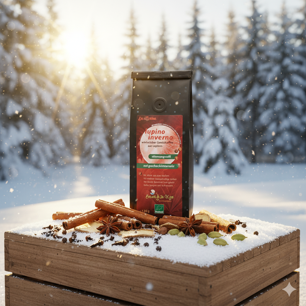 Eine schwarze Packung 'lupino inverno winterlicher Gewürzkaffee aus Lupinen' mit einem dunkelroten Label steht auf einer schneebedeckten Holzkiste. Das Label weist auf 'stimmungsvoll' und 'geschmacksintensiv' hin und trägt das Bioland-Siegel. Um die Packung herum sind verschiedene Gewürze im Schnee arrangiert: Zimtstangen, getrocknete Ingwerscheiben, Nelken, Pimentkörner, grüne Kardamomkapseln und Sternanis. Im Hintergrund erstreckt sich ein schneebedeckter Wald. Die Szene ist von hellem Sonnenlicht durchfl