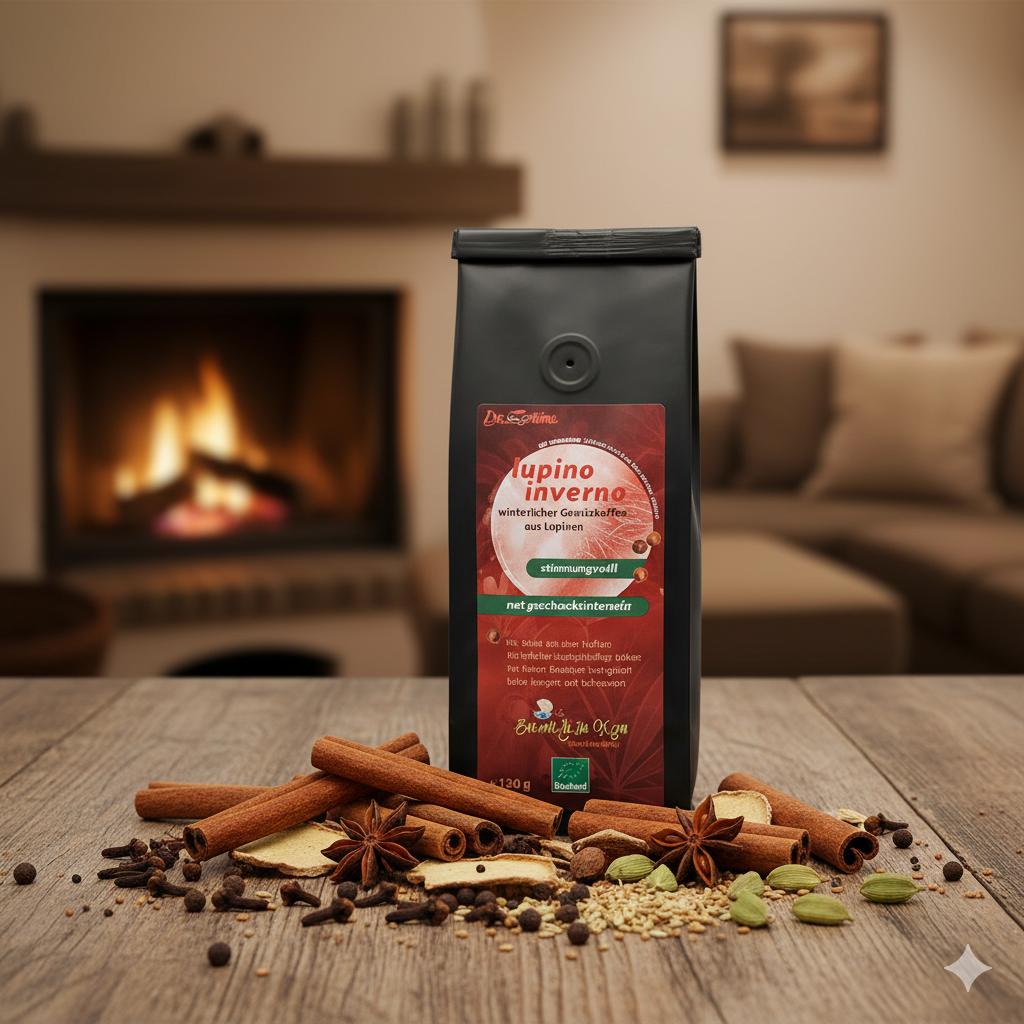 Eine schwarze Packung 'lupino inverno winterlicher Gewürzkaffee aus Lupinen' mit einem dunkelroten Label steht auf einem rustikalen Holztisch. Das Label weist auf 'stimmungsvoll' und 'geschmacksintensiv' hin und trägt das Bioland-Siegel. Um die Packung herum sind verschiedene Gewürze kunstvoll arrangiert: Zimtstangen, getrocknete Ingwerscheiben, Nelken, Pimentkörner, grüne Kardamomkapseln, Sternanis und Fenchelsamen. Im unscharfen Hintergrund ist ein gemütlicher Raum mit einem brennenden Kamin und einem Sof