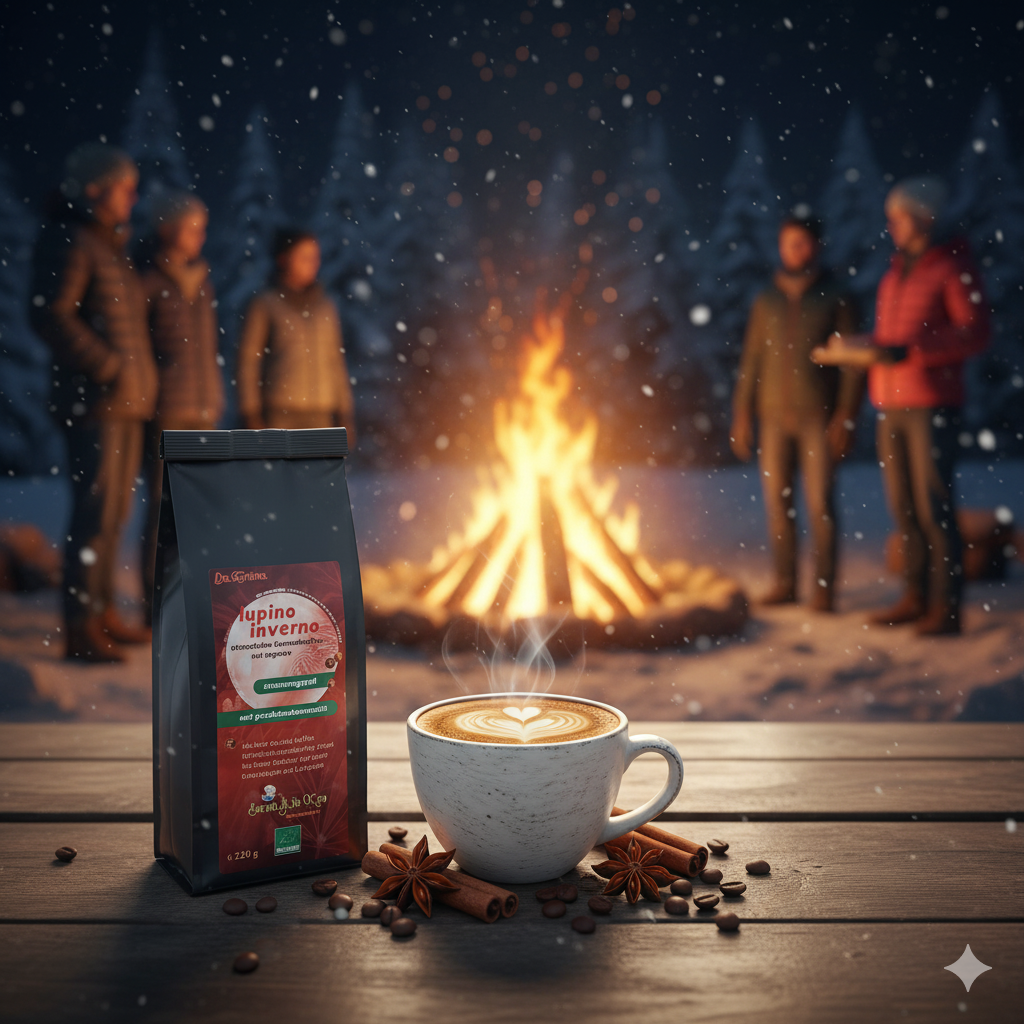 Eine schwarze Packung 'lupino inverno' mit einem dunkelroten Label steht auf einem rustikalen Holztisch. Das Label weist auf 'winterlicher Gewürzkaffee aus Lupinen' hin und trägt das Bioland-Siegel. Daneben steht eine dampfende Tasse Kaffee mit Latte Art, umgeben von Kaffeebohnen, Sternanis und Zimtstangen. Im unscharfen Hintergrund lodert ein helles Lagerfeuer im Schnee, um das herum mehrere Personen in Winterkleidung stehen. Es schneit leicht, und die Szenerie ist in ein dunkles, winterliches Abendlicht g