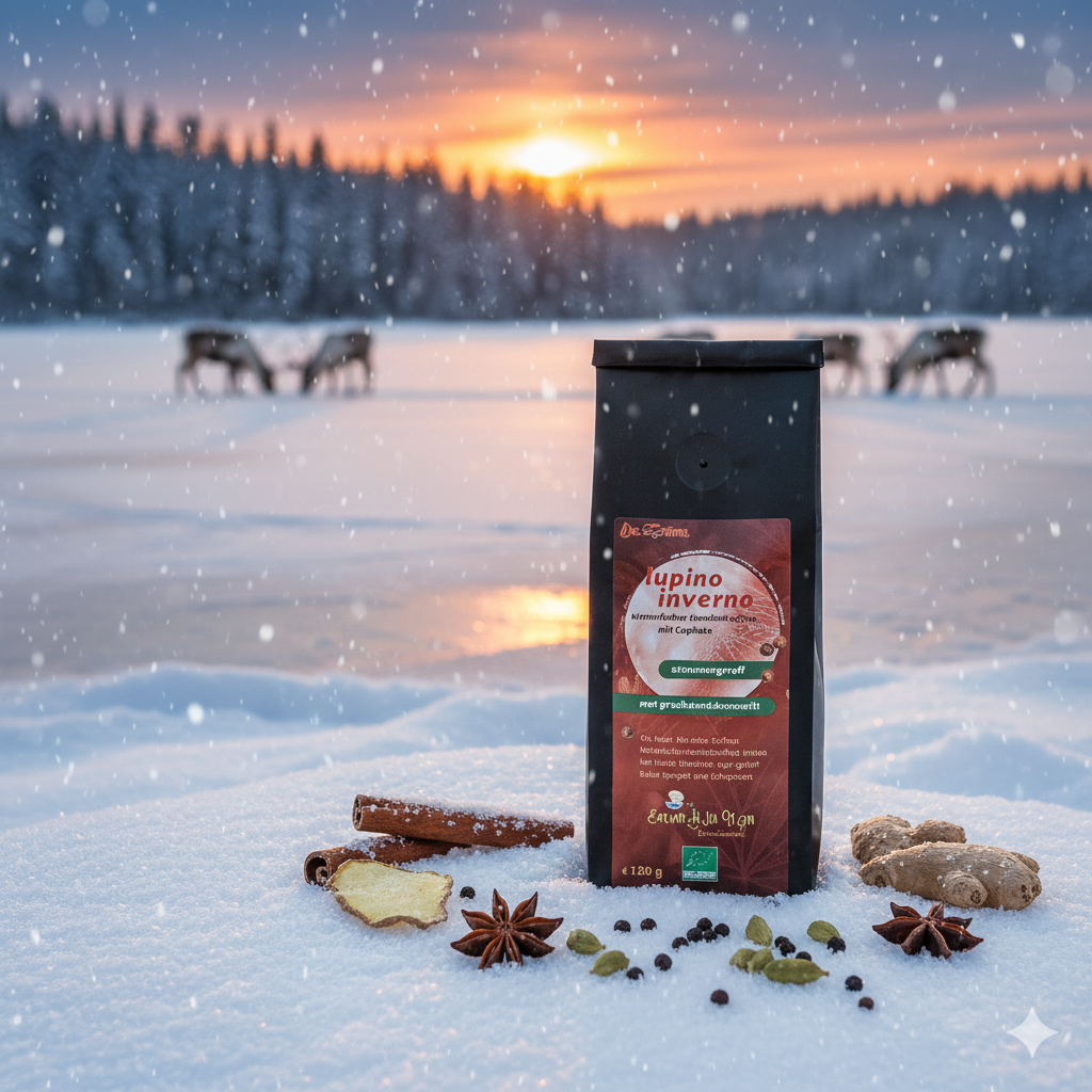 Eine schwarze Packung 'lupino inverno winterlicher Gewürztee aus Lupinen' mit einem dunkelroten Label steht auf einer Schneefläche. Das Label weist auf 'stimmungsvoll' und 'geschmacksintensiv' hin und trägt das Bioland-Siegel. Um die Packung herum sind verschiedene Gewürze im Schnee arrangiert: Zimtstangen, eine Scheibe frischer Ingwer, Sternanis, grüne Kardamomkapseln und schwarze Pfefferkörner. Im unscharfen Hintergrund ist ein zugefrorener See zu sehen, auf dem mehrere Rentiere grasen. Ein Wald säumt den