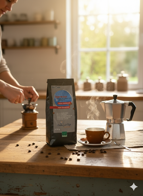 ine dunkelgraue Packung 'lupresso Espresso aus Wertheimer Süßlupinen' steht auf einem rustikalen Holztisch. Links im unscharfen Hintergrund sind die Hände einer Person zu sehen, die eine hölzerne Kaffeemühle bedient. Rechts von der Packung steht eine dampfende braune Espressotasse mit Untertasse und ein silberner Espressokocher auf einem hellen Tuch. Kaffeebohnen sind auf dem Tisch verstreut. Im Hintergrund ist ein sonnenhelles Fenster einer Küche zu sehen.