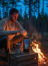 Ein bärtiger Mann in einem beigefarbenen Strickpullover sitzt auf einem Klappstuhl an einem Lagerfeuer im Wald. Er hält eine dampfende Tasse in seinen Händen und schaut darauf. Vor ihm auf einer Holzkiste stehen eine Packung 'lupresso Espresso aus Wertheimer Süßlupinen' und ein silberner Espressokocher, umgeben von einigen Kaffeebohnen. Das Lagerfeuer brennt hell neben der Kiste. Der Hintergrund zeigt einen dunklen Wald in der Dämmerung.