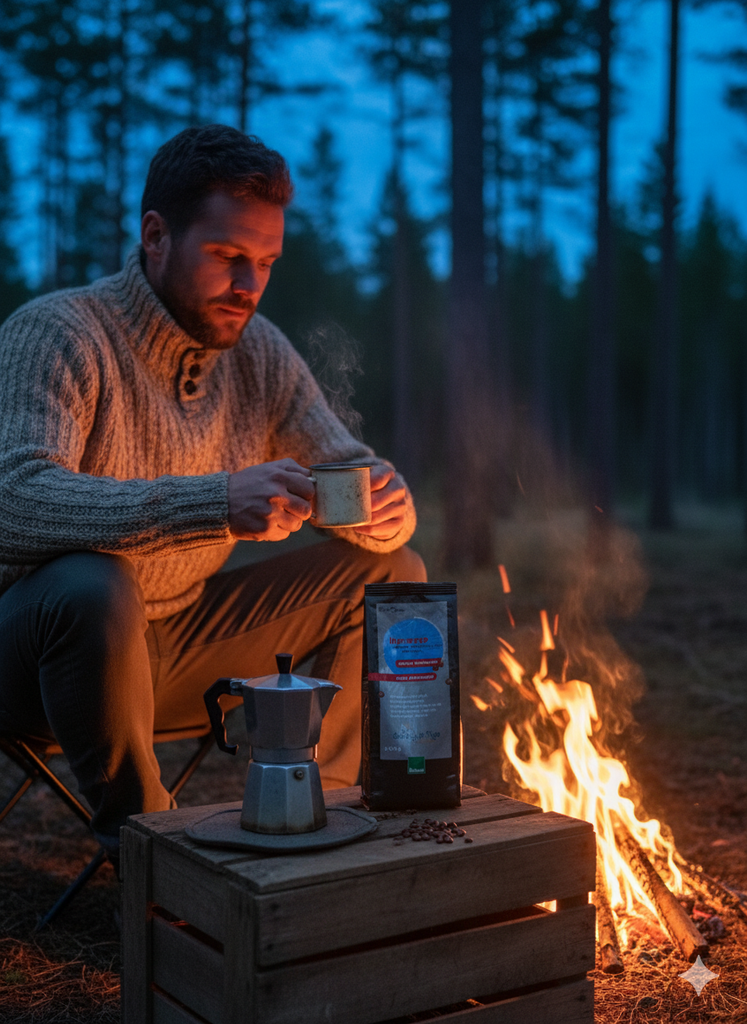 Ein bärtiger Mann in einem beigefarbenen Strickpullover sitzt auf einem Klappstuhl an einem Lagerfeuer im Wald. Er hält eine dampfende Tasse in seinen Händen und schaut darauf. Vor ihm auf einer Holzkiste stehen eine Packung 'lupresso Espresso aus Wertheimer Süßlupinen' und ein silberner Espressokocher, umgeben von einigen Kaffeebohnen. Das Lagerfeuer brennt hell neben der Kiste. Der Hintergrund zeigt einen dunklen Wald in der Dämmerung.