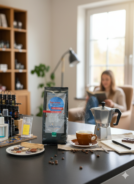 Eine dunkelgraue Packung 'lupresso Espresso aus Wertheimer Süßlupinen' steht auf einer dunklen Küchenarbeitsplatte. Die Packung zeigt ein blaues Etikett mit dem Produktnamen und dem Text 'echter Geschmack' und 'echte Alternative'. Rechts daneben befinden sich eine dampfende braune Espressotasse mit Untertasse, ein Espressokocher und ein Notizbuch mit Stift. Vor der Packung liegt eine kleine weiße Platte mit Holzspänen und runden Steinen. Im unscharfen Hintergrund liest eine Person in einem Sessel bei Fenste