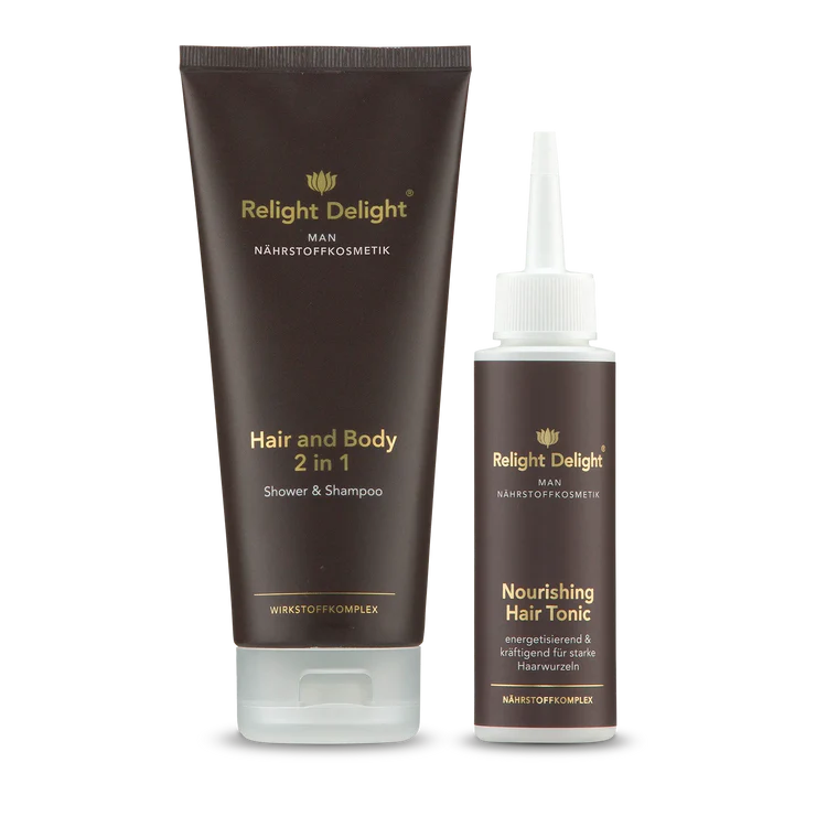 MAN - Haarpflegeset - Hair & Body Duo  – Shampoo mit Ginseng und Ingwer von Relight Delight und Haar Tonic