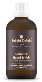 Braune Glasflasche mit edlem braunem Etikett und goldener Schrift: Männer Bart- und Haar-Pflegeöl 100ml - Relight Delight