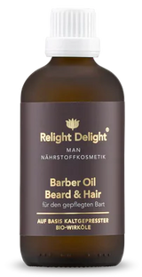 Braune Glasflasche mit edlem braunem Etikett und goldener Schrift: Männer Bart- und Haar-Pflegeöl 100ml - Relight Delight
