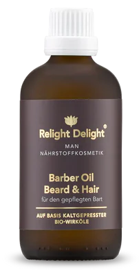 Braune Glasflasche mit edlem braunem Etikett und goldener Schrift: Männer Bart- und Haar-Pflegeöl 100ml - Relight Delight