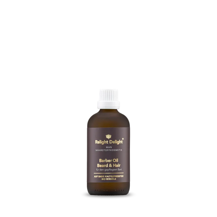 Braune Glasflasche mit edlem braunem Etikett und goldener Schrift: Männer Bart- und Haar-Pflegeöl 100ml - Relight Delight