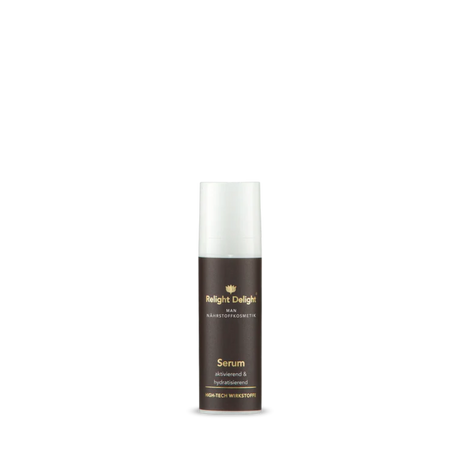Ein edler Pumpspender in der Grundfarbe Braun mit goldener Aufschrift. Relight Delight Serum Man mit High - Tech Wirkstoffen, aktivierend & hydratisierend

