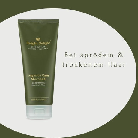 Shampoo Flasche mit Glorious Hair - Intensive Care Shampoo - 200ml Relight Delight und Aufschrift:Bei sprödem und trockenem Haar