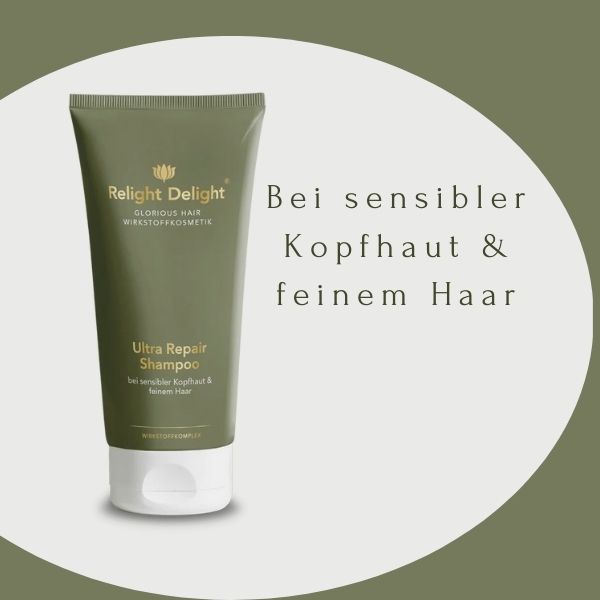 Tube mit Glorious Hair - Ultra Repair Shampoo - unbeduftet mit Schriftzug BEI SENSIBLER KOPFHAUT & FEINEM HAAR 200ml, Relight Delight