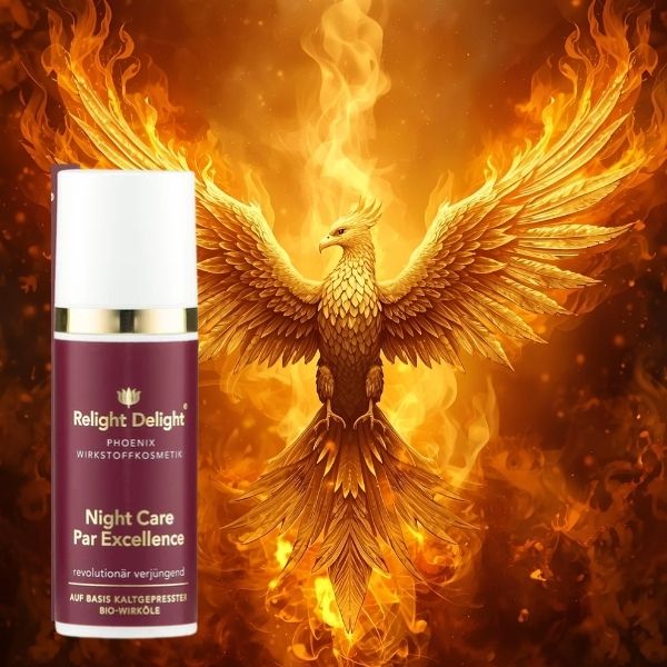 wunderschöner Phoenix der aus dem Feuer empor steigt und eine Tube vom Phoenix Night Care Par Excellence