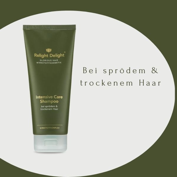 Shampoo Flasche mit Glorious Hair - Intensive Care Shampoo - 200ml Relight Delight und Aufschrift:Bei sprödem und trockenem Haar