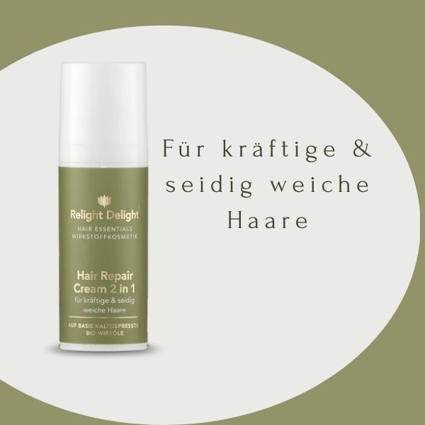 Spender mit Hair Repair Cream 2 in 1 von Relight Delight und Schriftzug: Für kräftige und seidig weiche Haare