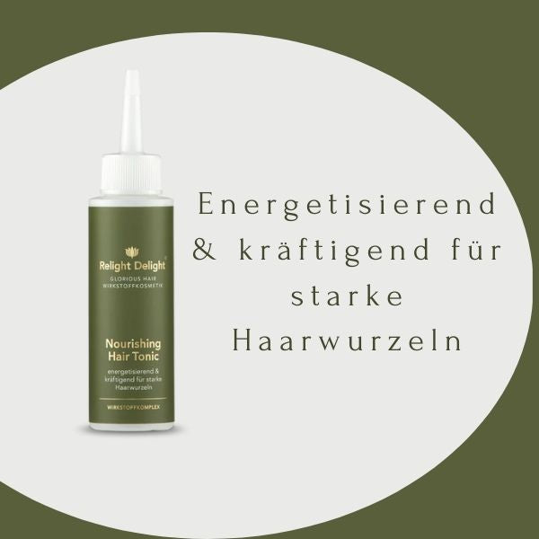 Glorious Hair - Nourishing Hair Tonic - unbeduftet - HAARNÄHRLÖSUNG  von Relight Delight mit Aufschrift: Energetisierend und kräftigend für starke Haarwurzeln