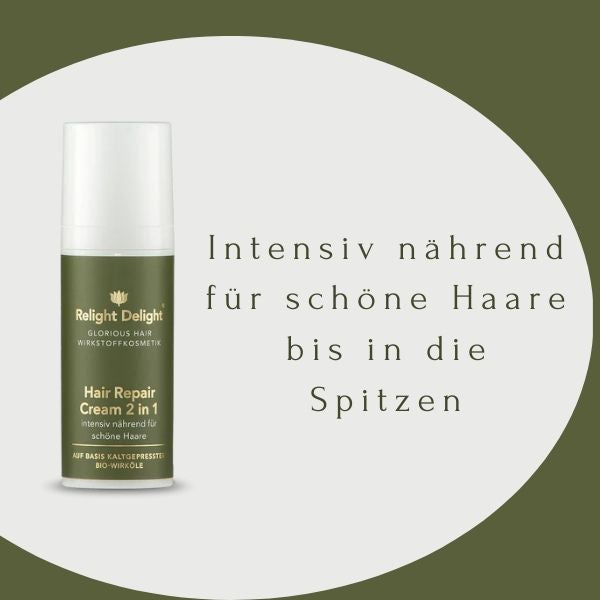 Pumpspender mit Glorious Hair - Hair Repair Cream 2 in 1 - SPITZENFLUID & HAARKUR von RELIGHT DELIGHT mit Aufschrift: Intensiv nährend für schöne Haare bis in die Spitzen