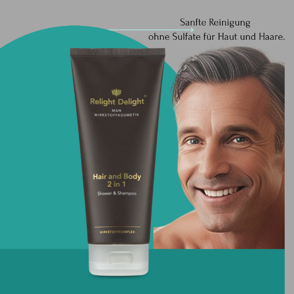 Das Bild zeigt „MAN - Hair and Body 2 in 1 - 200ml – Shampoo & Duschgel für Männer mit Ginseng- und Ingwerduft. Sanfte Reinigung ohne Sulfate für Haut und Haare.“