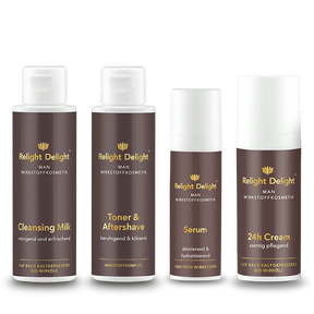 Veganes Männer Gesichtspflege-Set Relight Delight mit Reinigungsmilch, Rasierwasser, Serum und 24h Creme