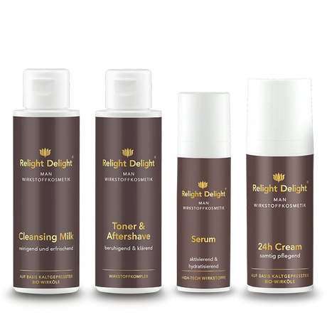 Veganes Männer Gesichtspflege-Set Relight Delight mit Reinigungsmilch, Rasierwasser, Serum und 24h Creme