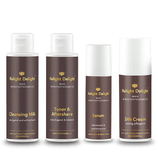 Veganes Männer Gesichtspflege-Set Relight Delight mit Reinigungsmilch, Rasierwasser, Serum und 24h Creme