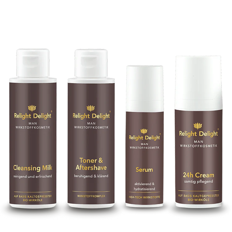 Veganes Männer Gesichtspflege-Set Relight Delight mit Reinigungsmilch, Rasierwasser, Serum und 24h Creme
