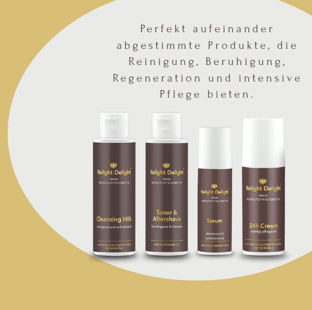 Das Man Gesichtspflege Set und die Aufschrift: Perfekt aufeinander abgestimmte Produkte, die Reinigung, Beruhigung, Regeneration und intensive Pflege bieten.