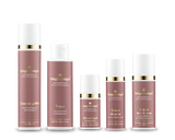 Gesichtsset Metamorphose von Relight Delight bestehend aus Cleansing Milk, Toner, Elixier Royal, Serum Absolut und Creme de la Creme. Edle Optik der Pumpspender in Altrosa mit goldener und weißer Aufschrift