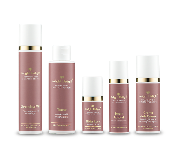 Gesichtsset Metamorphose von Relight Delight bestehend aus Cleansing Milk, Toner, Elixier Royal, Serum Absolut und Creme de la Creme. Edle Optik der Pumpspender in Altrosa mit goldener und weißer Aufschrift