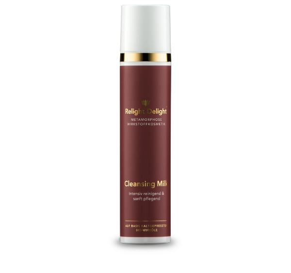 edler Pumpspender der Cleansing Milk Metamorphose von Relight Delight - intensiv reinigend und sanft pflegend in goldener und weißer Schrift