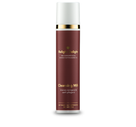 edler Pumpspender der Cleansing Milk Metamorphose von Relight Delight - intensiv reinigend und sanft pflegend in goldener und weißer Schrift