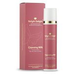 Edler Pumpspender in Altrosa mit goldener und weißer Aufschrift: Metamorphose Wirkstoffosmetik - Cleansing Milk 100ml Transformation die man sieht und fühlt - Relight Delight Auf Basis Kaltgepresster Bio-Wirköle. Daneben eine edle Umverpackung
