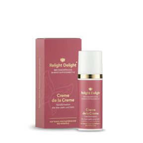 Edle Tube in Altrosa und daneben eine schöne Verpackung der Metamorphose - Creme de la Creme - unbeduftet. Die Schrift ist gold und weiß  Relight Delight