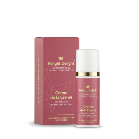 Edle Tube in Altrosa und daneben eine schöne Verpackung der Metamorphose - Creme de la Creme - unbeduftet. Die Schrift ist gold und weiß  Relight Delight
