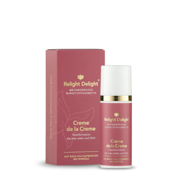 Edle Tube in Altrosa und daneben eine schöne Verpackung der Metamorphose - Creme de la Creme - unbeduftet. Die Schrift ist gold und weiß  Relight Delight