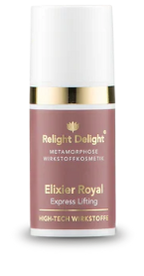 Edle Tube des Metamorphose Elixier Royal Express Lifting  - 15ml  von Relight Delight, High Tech Wirkstoffe in Altrosa. Die Aufschrift ist in Gold und Weiß