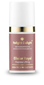 Edle Tube des Metamorphose Elixier Royal Express Lifting  - 15ml  von Relight Delight, High Tech Wirkstoffe in Altrosa. Die Aufschrift ist in Gold und Weiß