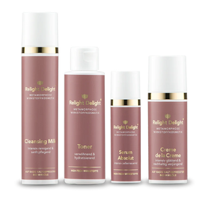 Edles Set des Metamorphose Gesichts-Set von Relight Delight bestehend aus Cleansink Milk, oner, Serum Absolut und Creme de la Creme